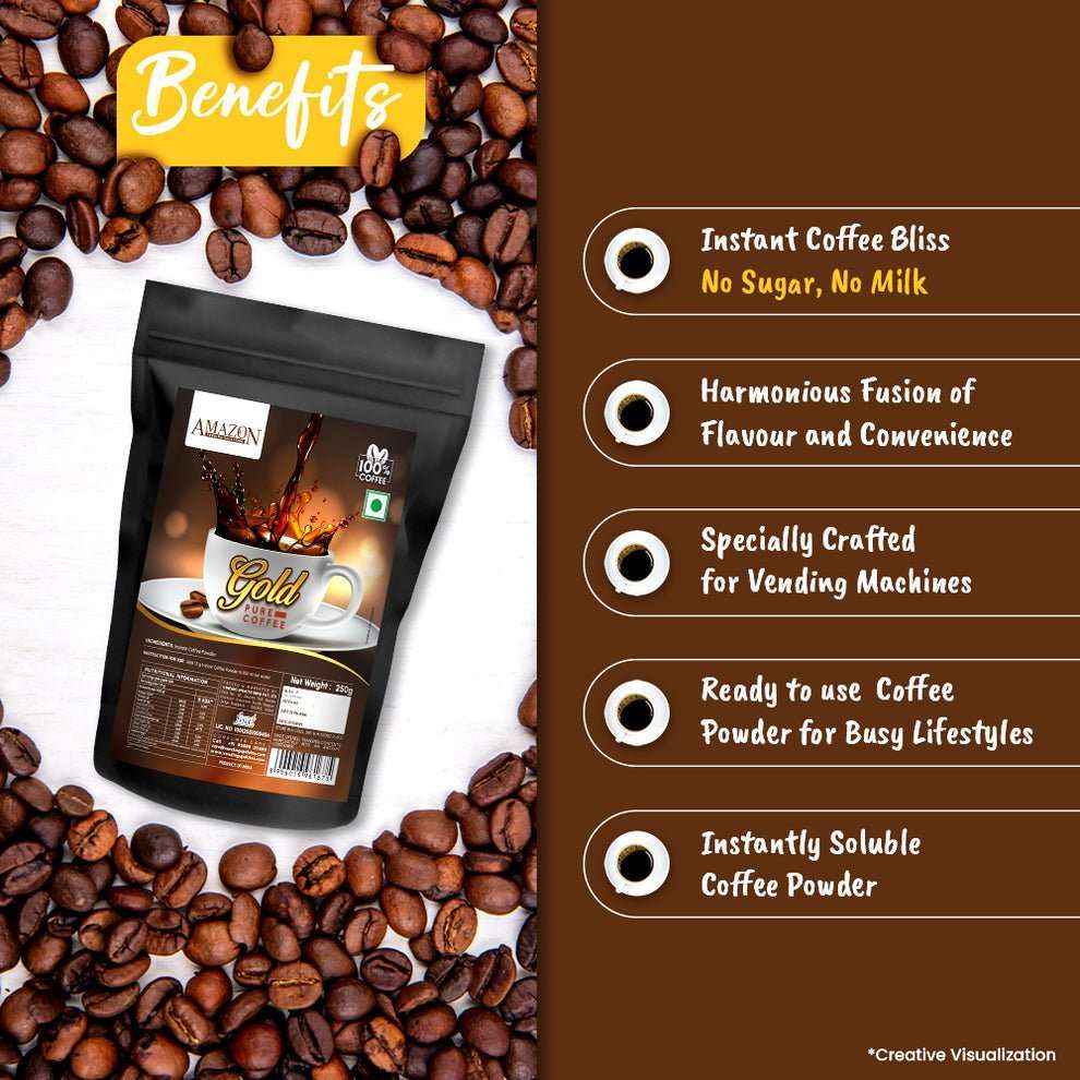 Amazon Gold instant coffee packet surrounded by coffee beans highlighting benefits for vending machines