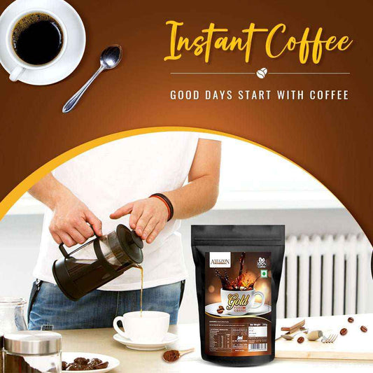 Amazon Gold instant coffee package with person pouring coffee from French press into white cup