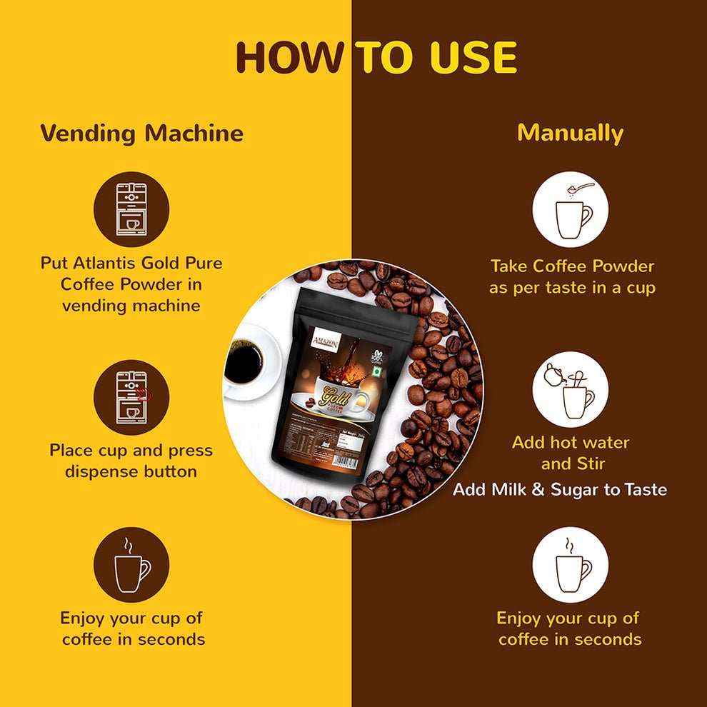 Instructions for using Amazon Gold instant coffee in vending machine or manually with coffee beans