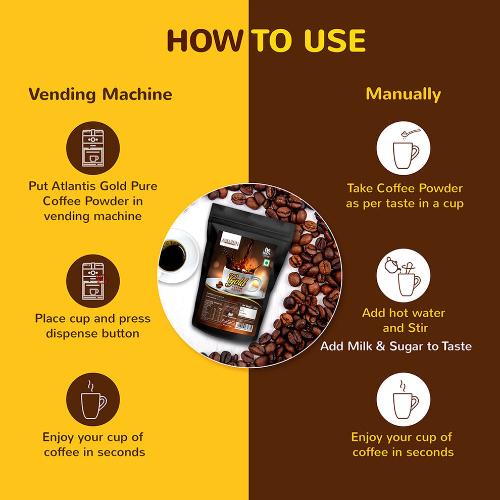 Instructions for using Amazon Gold pure coffee powder from Coffee walla in vending machine or manually with coffee beans