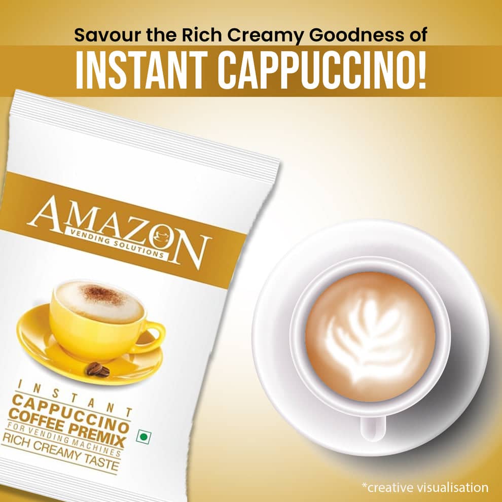 Amazon instant cappuccino powder pack next to a white cup of cappuccino with latte art on saucer