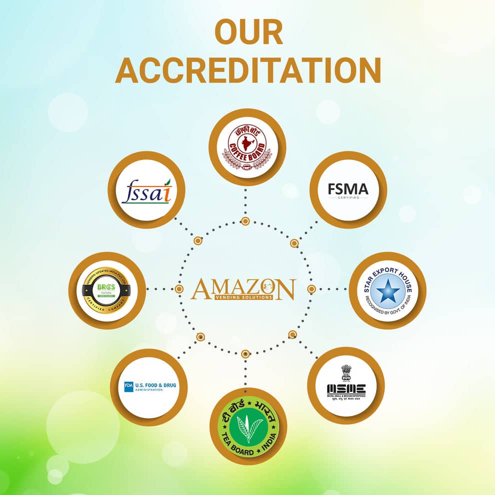 Certification logos arranged around Amazon vending solutions showcasing credibility for Amazon instant cappuccino powder