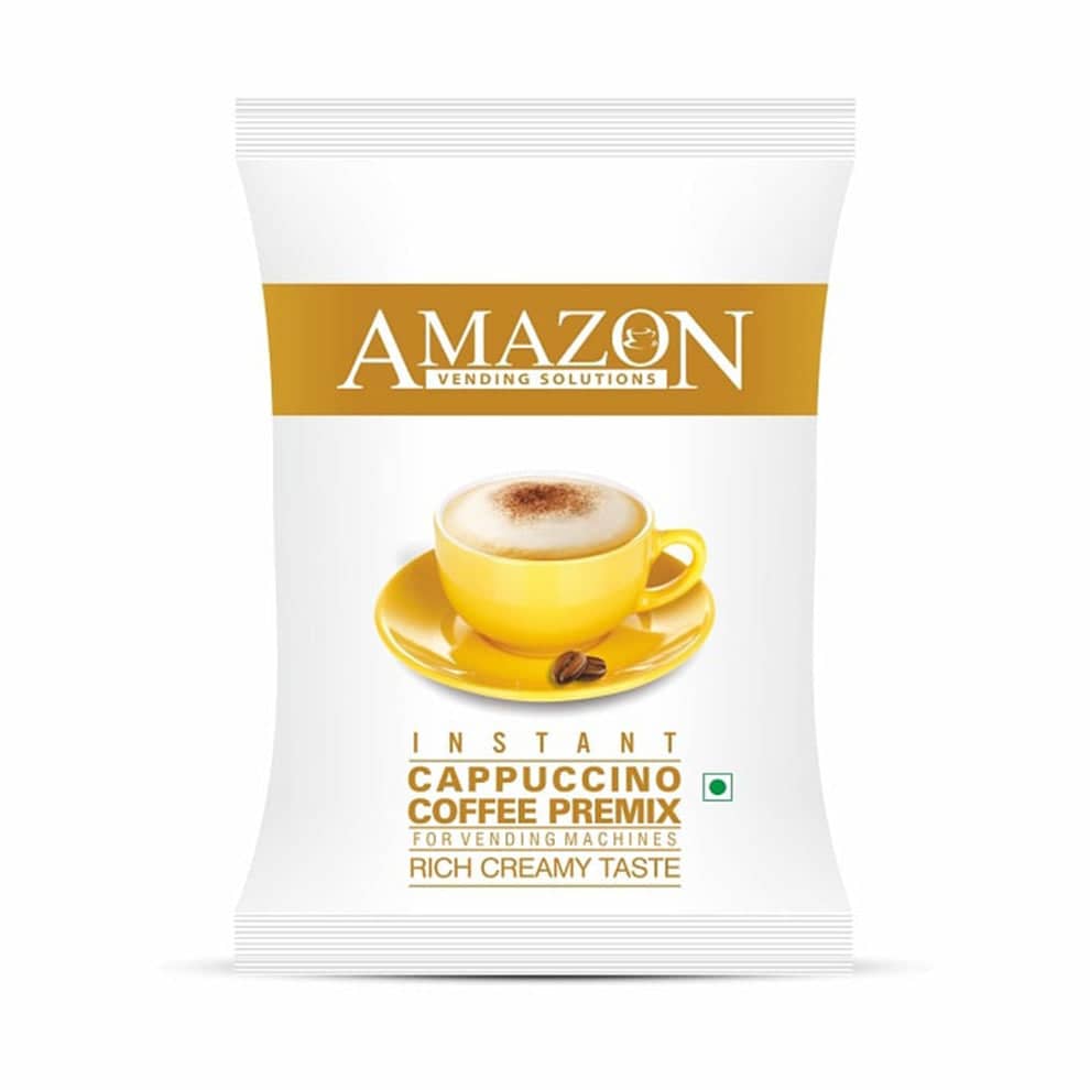 Amazon instant cappuccino powder sachet with creamy cappuccino in yellow cup on white background