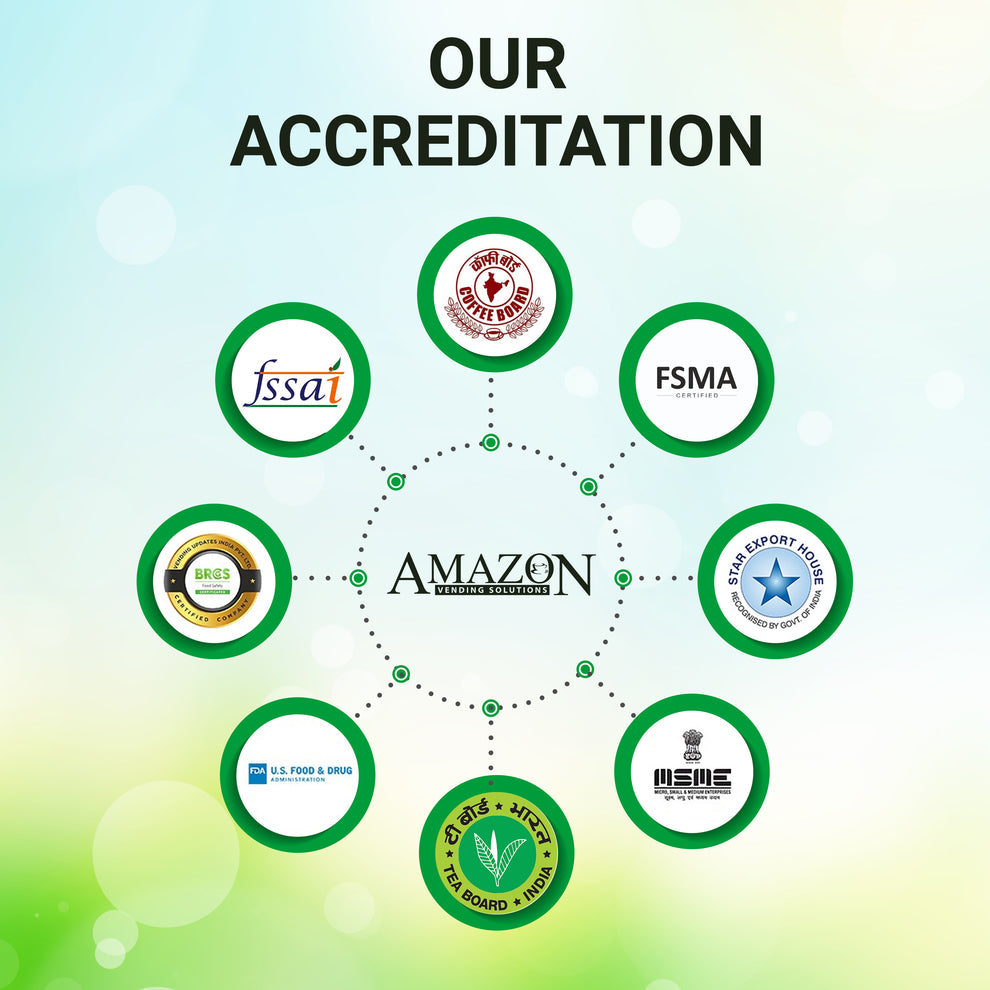 Accreditation logos including FSSAI FSMA Tea Board and other certifications for instant cardamom tea premix by Coffee walla