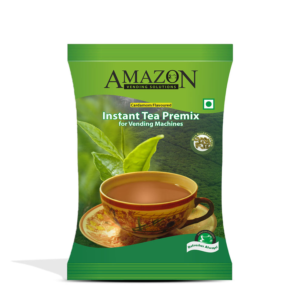 Amazon instant cardamom tea premix packet for vending machines with a cup of tea and tea leaves
