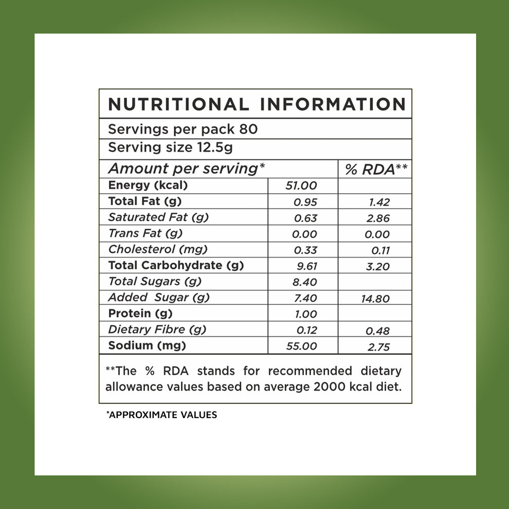 Nutritional information label for instant cardamom tea premix by Coffee walla showing calories, fat, sugars, protein, and sodium per serving