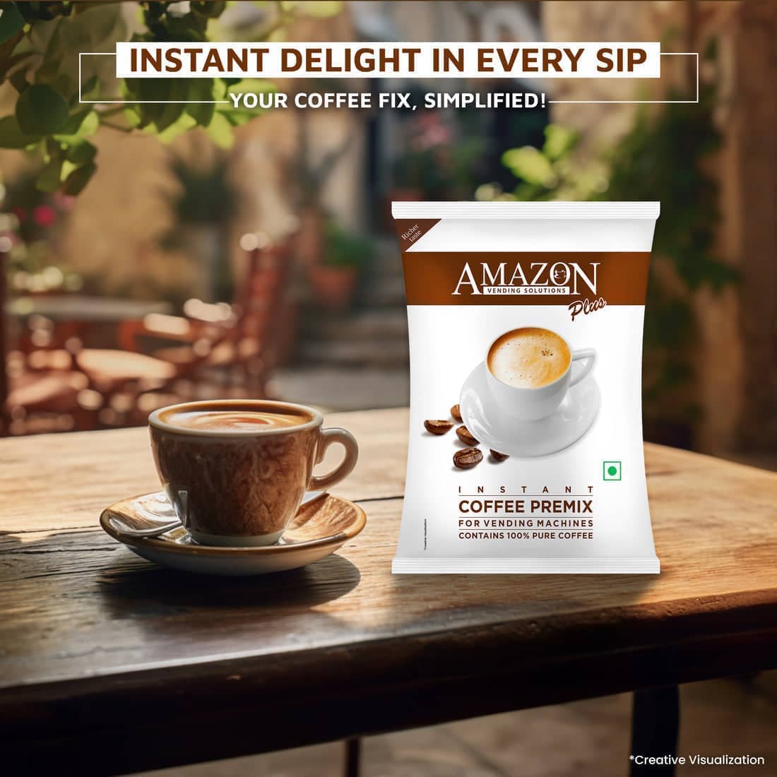 Amazon instant coffee premix for vending machines packet next to a brown coffee cup on wooden table