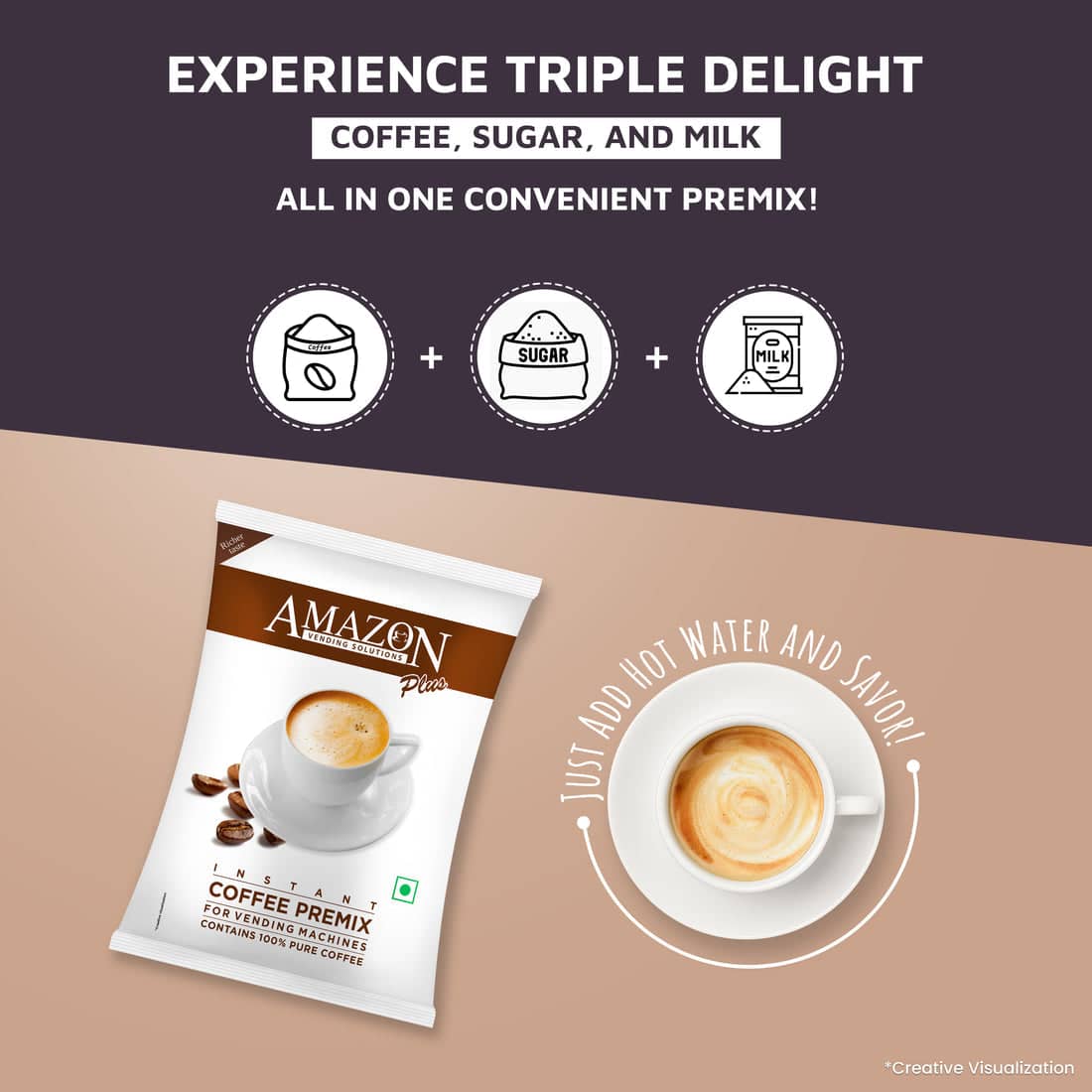 Amazon Plus instant coffee premix for vending machines with coffee cup and creamy latte