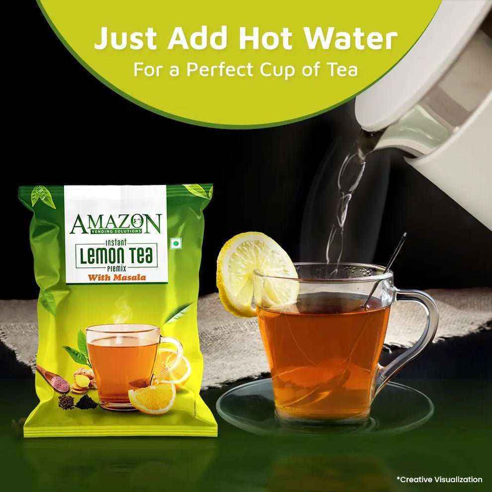 Amazon Instant Lemon Masala Tea Powder Premix with a cup of tea and hot water being poured