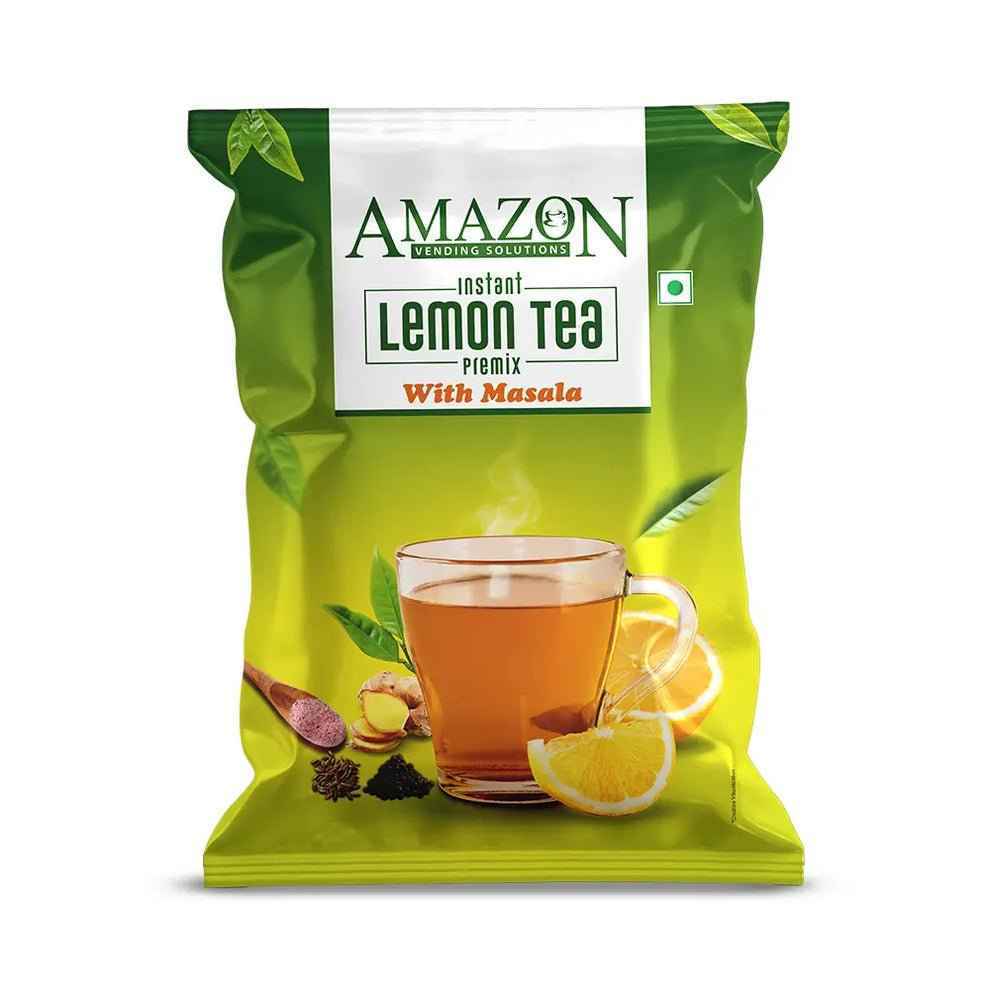 Amazon Instant Lemon Masala Tea Powder Premix packet with steaming cup of lemon masala tea