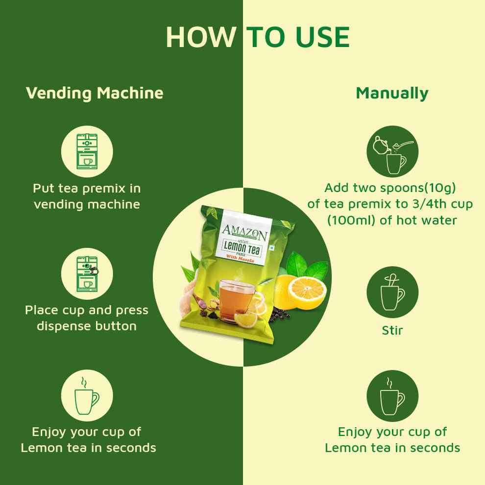 Instructions for using instant lemon masala tea premix with vending machine and manual preparation