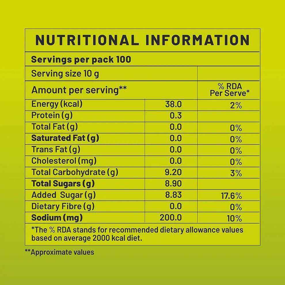 Nutritional information label for instant lemon masala tea premix showing calories protein fat sugar and sodium content