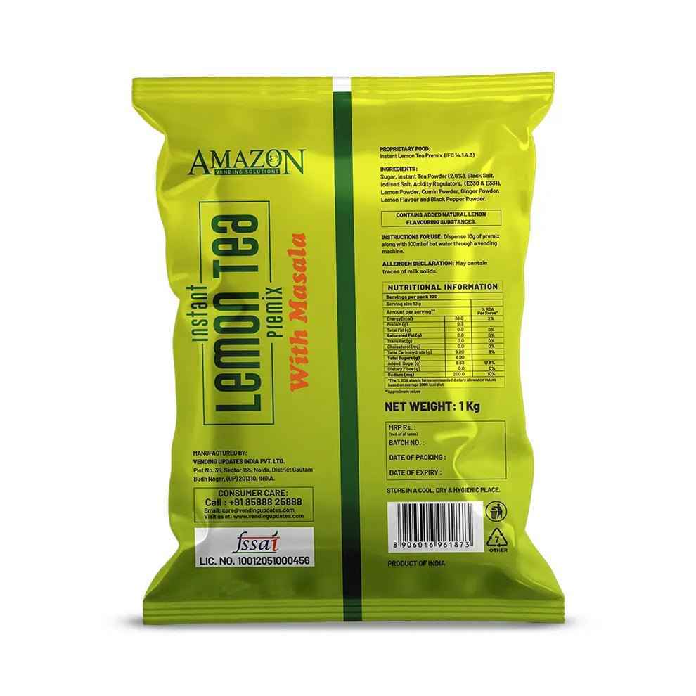 Amazon instant lemon masala tea premix packet in bright green packaging with nutritional information