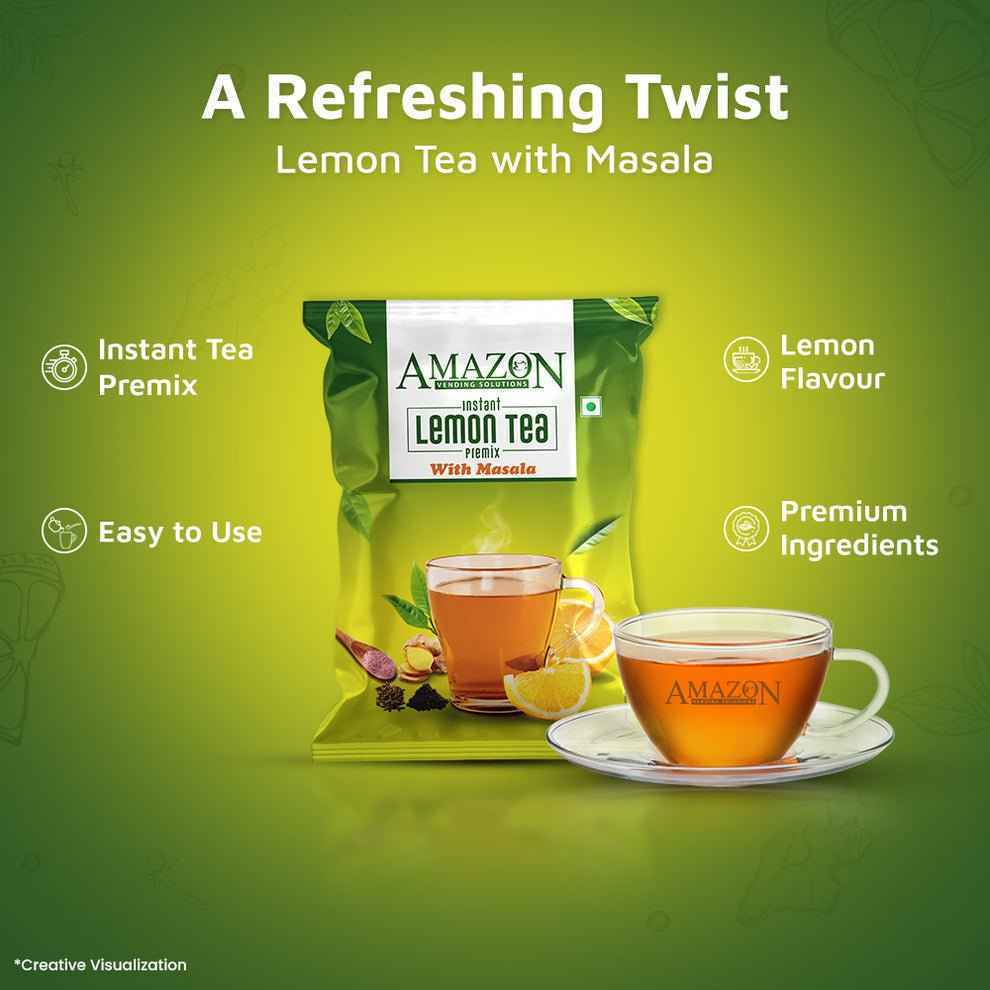 Amazon instant lemon masala tea premix package with a cup of lemon masala tea and sliced lemon