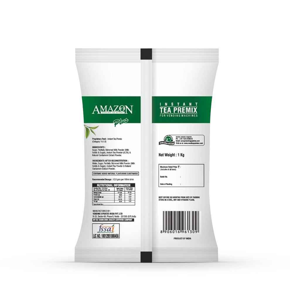 Amazon Plus instant tea powder for vending machines 1kg pack with nutritional information and barcode