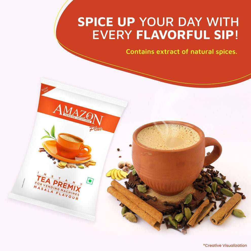 Masala tea premix 1kg packet next to a cup of frothy masala tea with assorted spices around