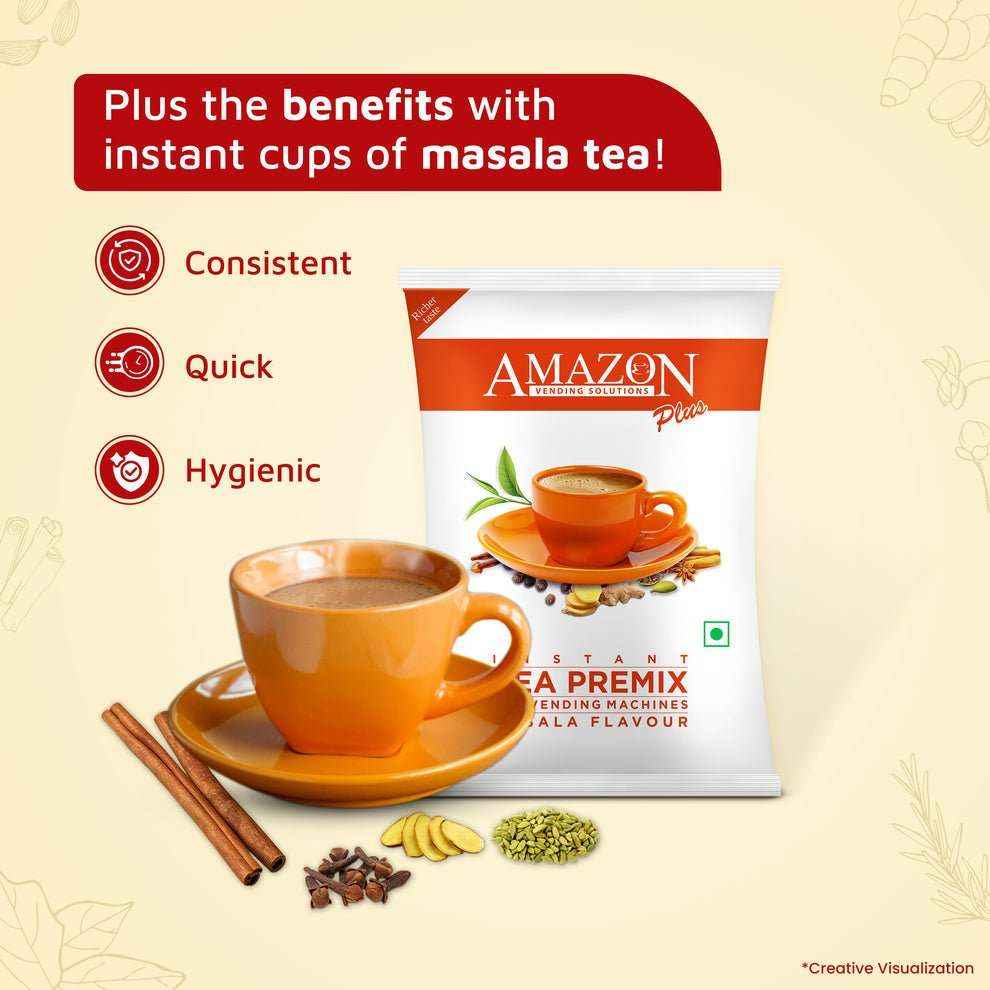 Amazon masala tea premix 1kg packet with cup of spiced tea and cinnamon sticks