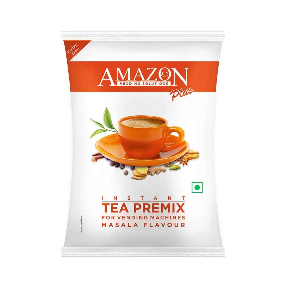 Amazon Plus masala tea premix 1kg packet with orange cup and spices image