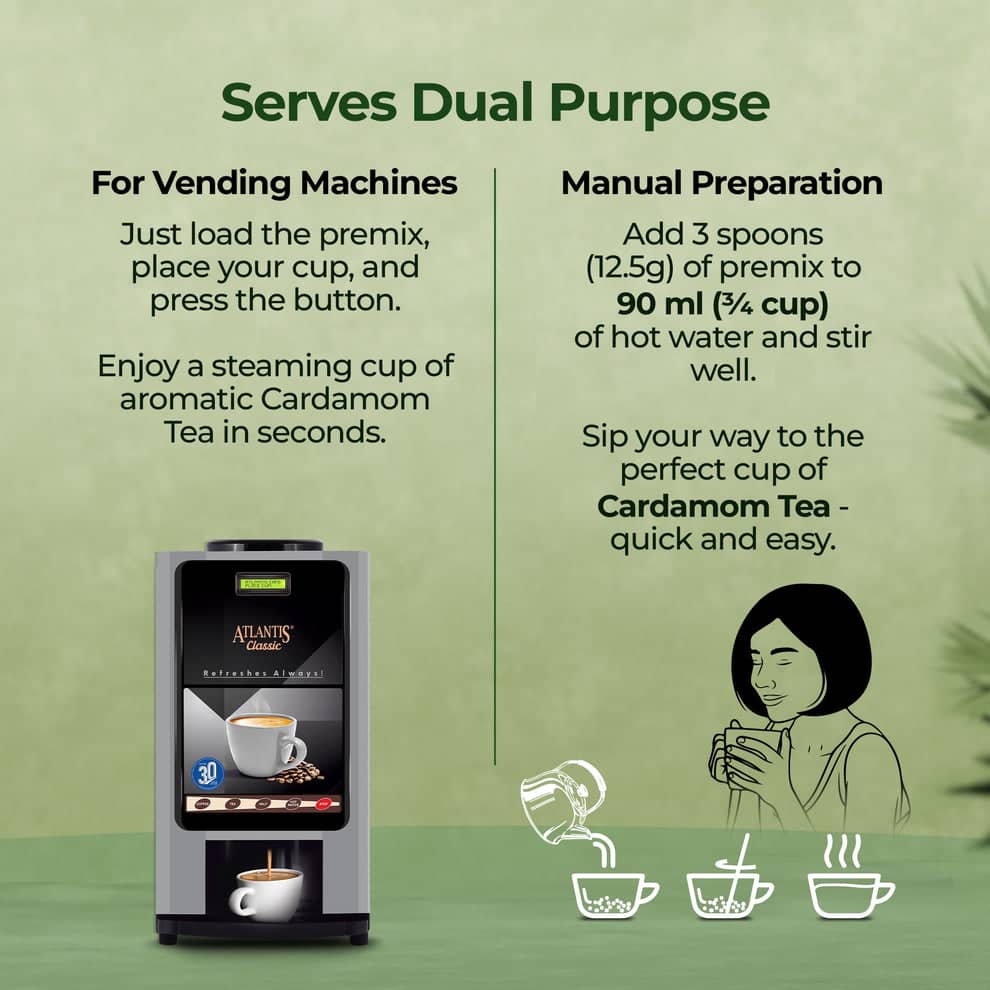 Cardamom tea premix for vending machines with instructions for dual purpose use in vending and manual preparation