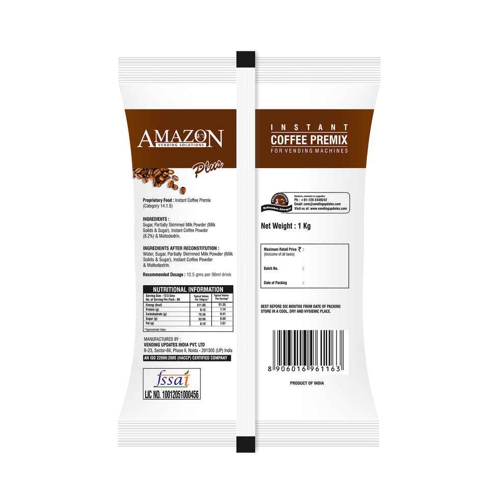 Amazon Plus coffee premix 1 kg white and brown packet by TEA COFFEE VENDING SERVICE for vending machines