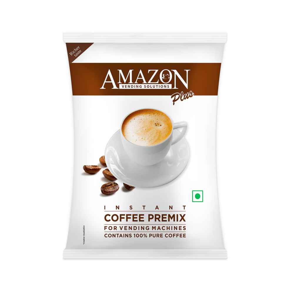 Amazon Plus coffee premix instant coffee pouch with a cup of frothy coffee and coffee beans from TEA COFFEE VENDING SERVICE