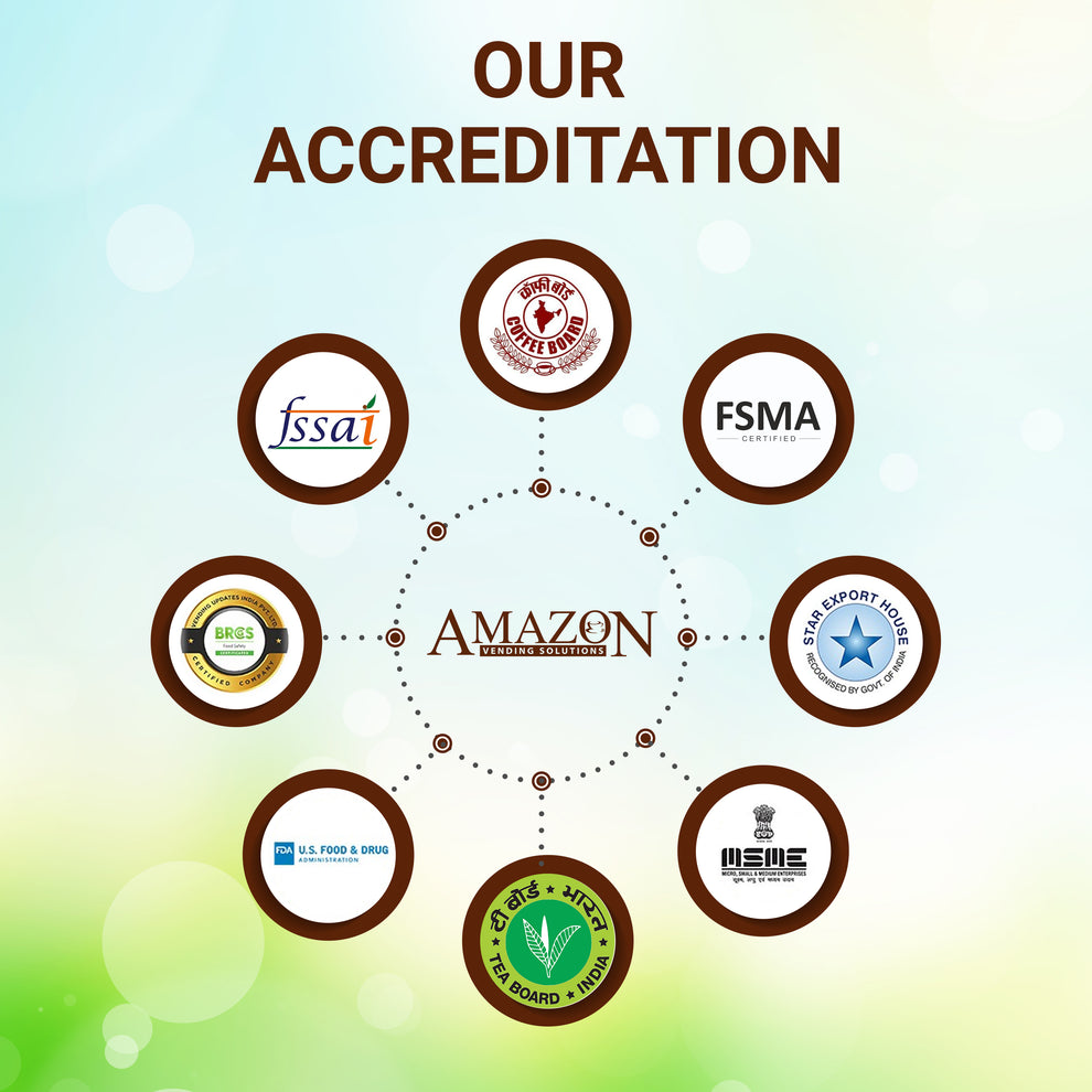 Coffee Walla accreditation badges including FSSAI FSMA and premium black coffee powder certifications