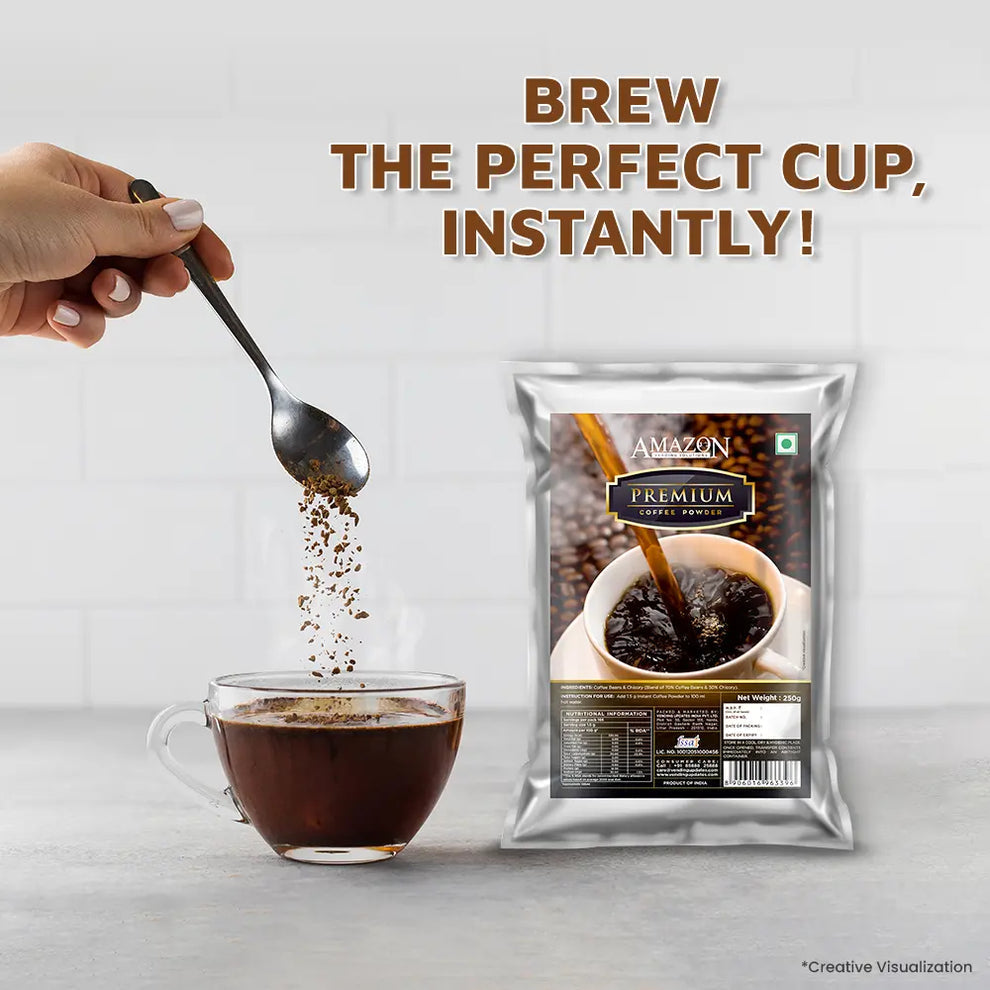 Premium black coffee powder by Coffee walla being poured into a glass cup of coffee
