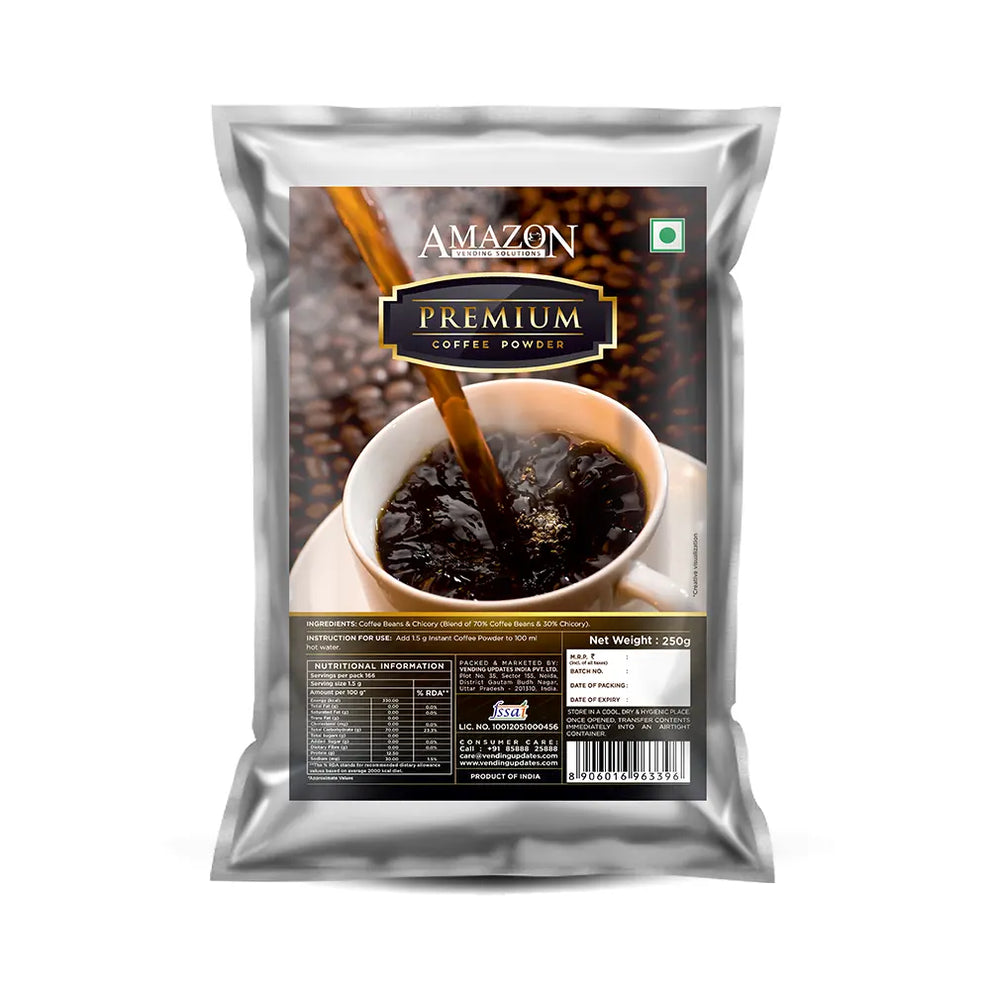 Coffee walla premium black coffee powder with a cup of black coffee being poured on package