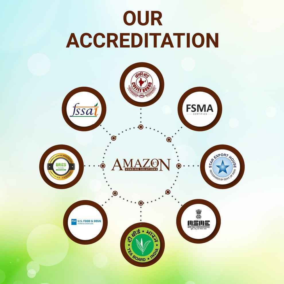 Accreditation logos of Tea coffee vending service showcasing certifications for premium coffee premix for offices