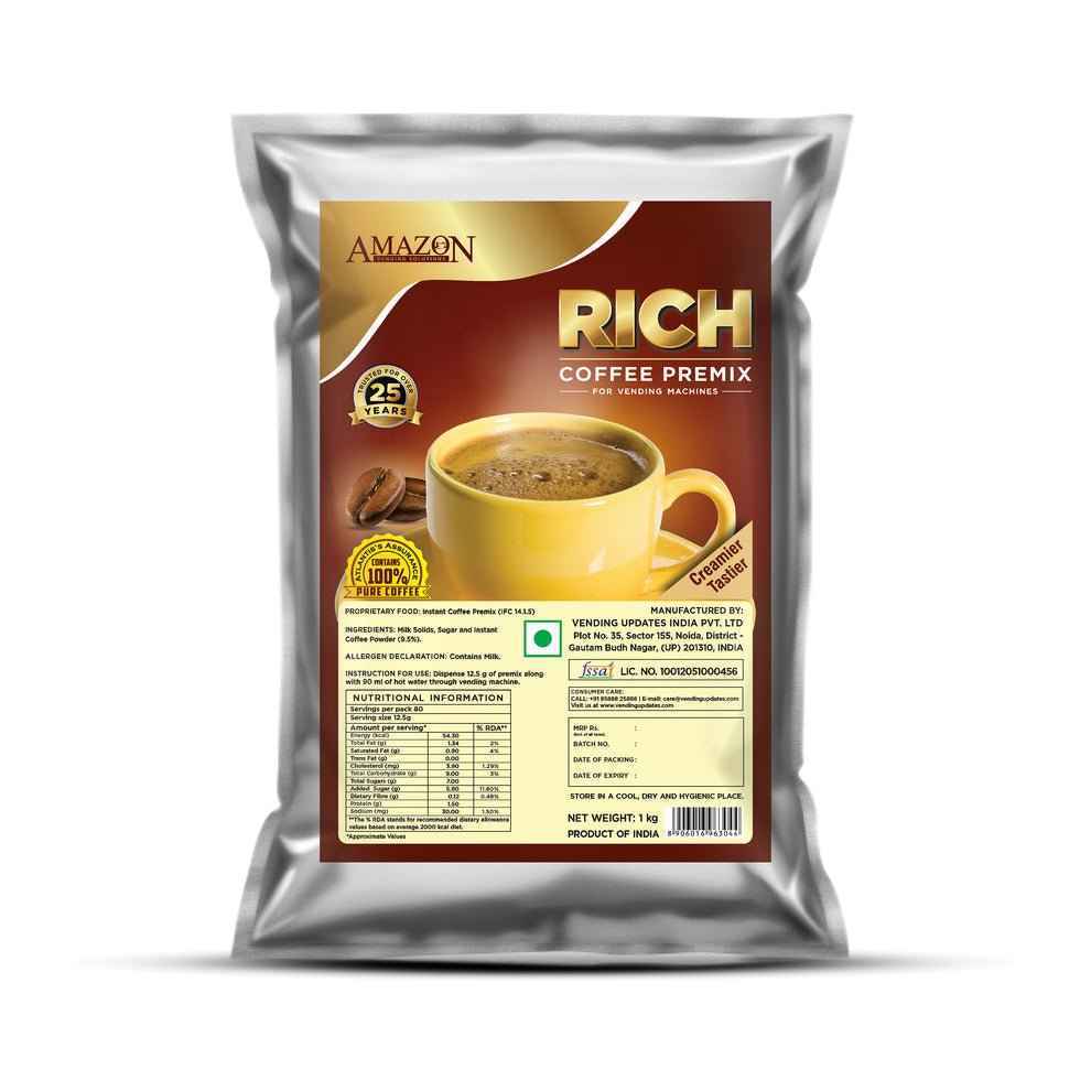 Amazon Rich Coffee Premix sachet with a yellow cup of coffee indicating premium coffee premix for offices