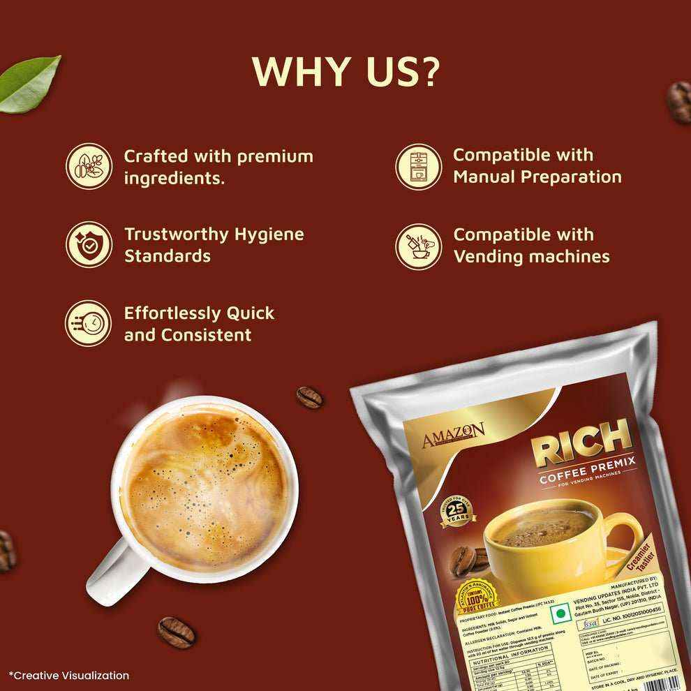 Premium coffee premix for offices showing a cup of frothy coffee and a branded coffee premix packet
