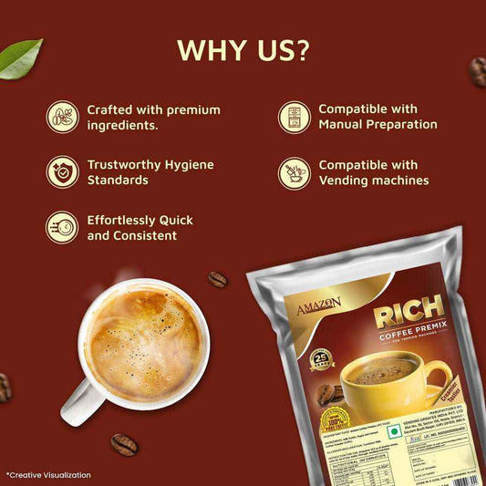 Premium coffee premix for offices showing a cup of frothy coffee and a branded coffee premix packet