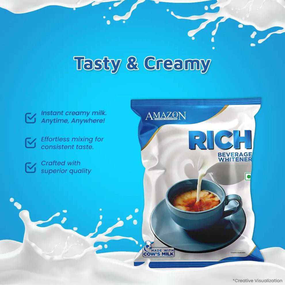 Amazon Rich beverage whitener pouch with creamy milk pouring into a cup of tea on blue background