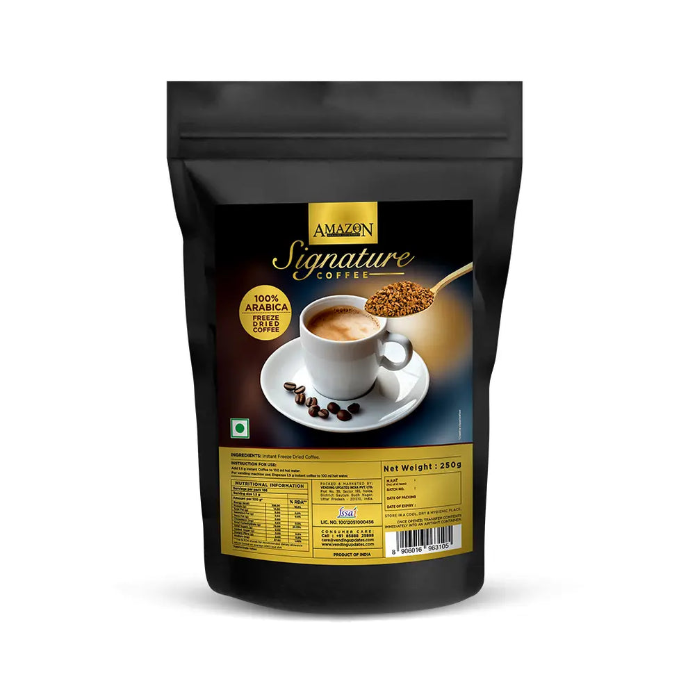 Amazon Signature Arabica coffee 250g black resealable pouch with cup of coffee and coffee beans