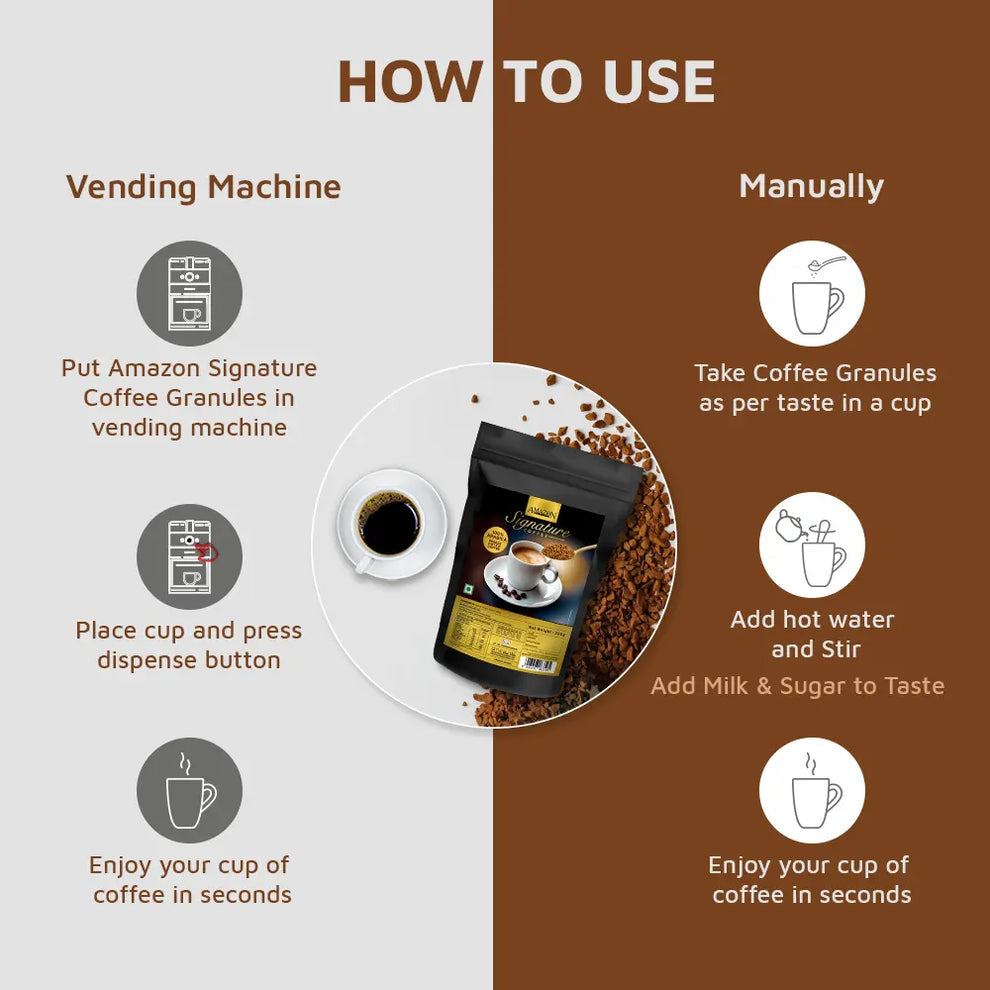 Amazon Signature Arabica coffee 250g pack with coffee cup and instructions for vending machine and manual use