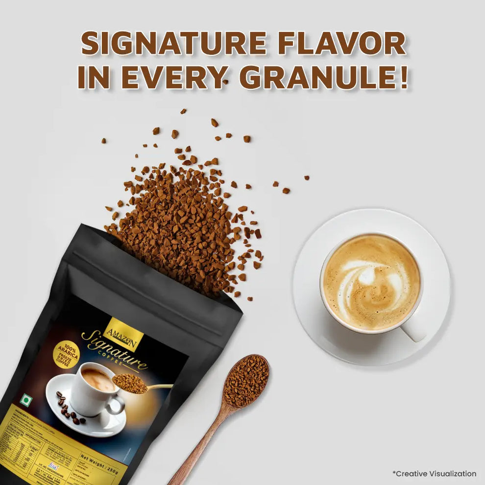 Amazon Signature Arabica coffee 250g pack with coffee granules spilling out and a cup of cappuccino