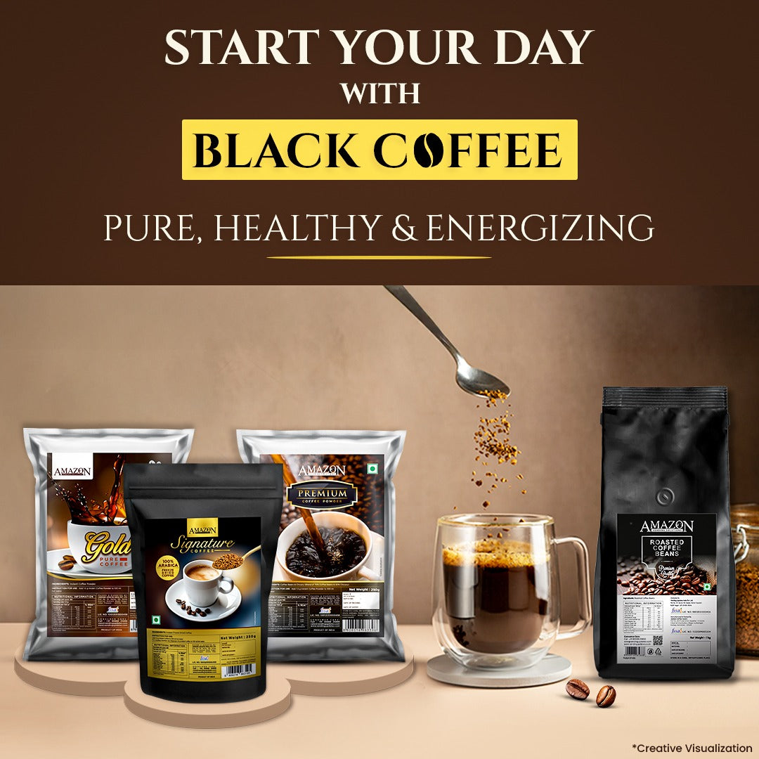Amazon Signature Arabica coffee 250g pouch displayed with other coffee varieties and a cup of black coffee