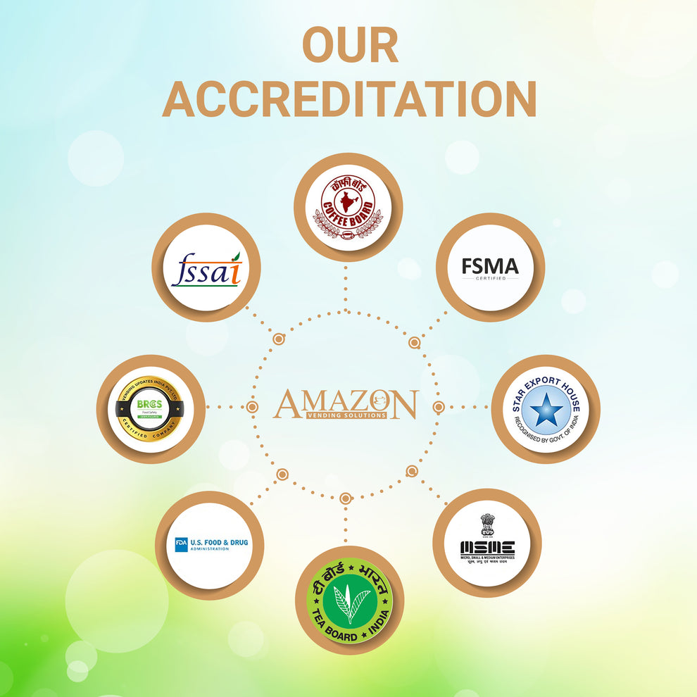 Coffee walla 3-in-1 coffee premix sachets accreditation logos including FSSAI FSMA and Amazon