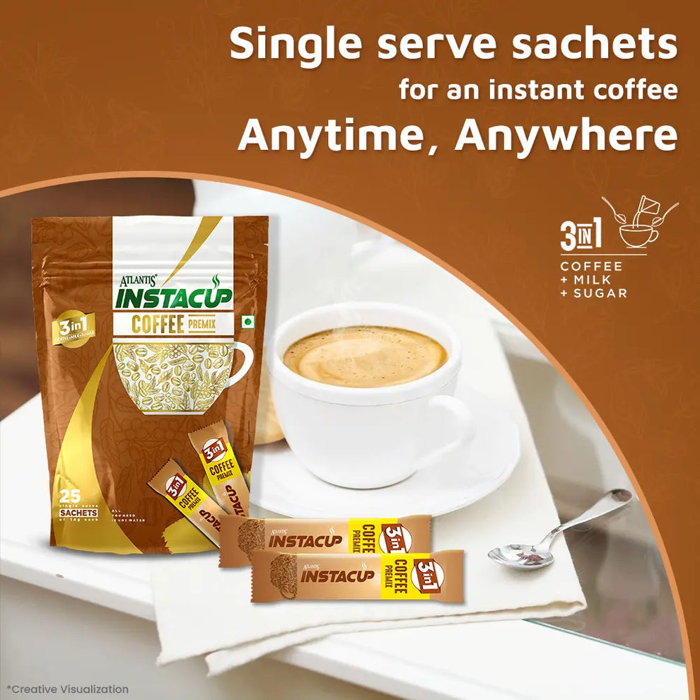 Coffee walla 3-in-1 coffee premix sachets single serve with coffee cup and saucer on white tray
