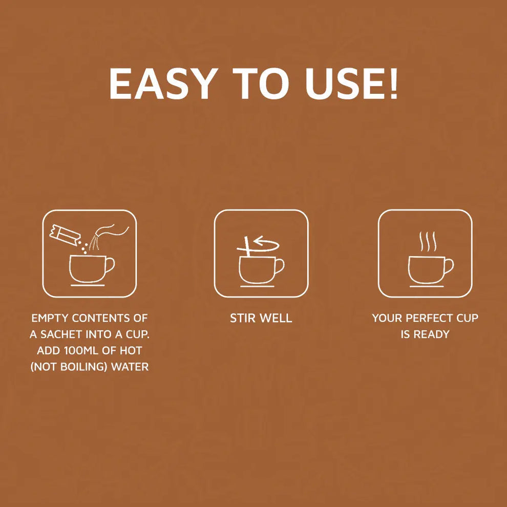 Instructions for using 3-in-1 coffee premix sachets by Coffee walla with easy step-by-step icons