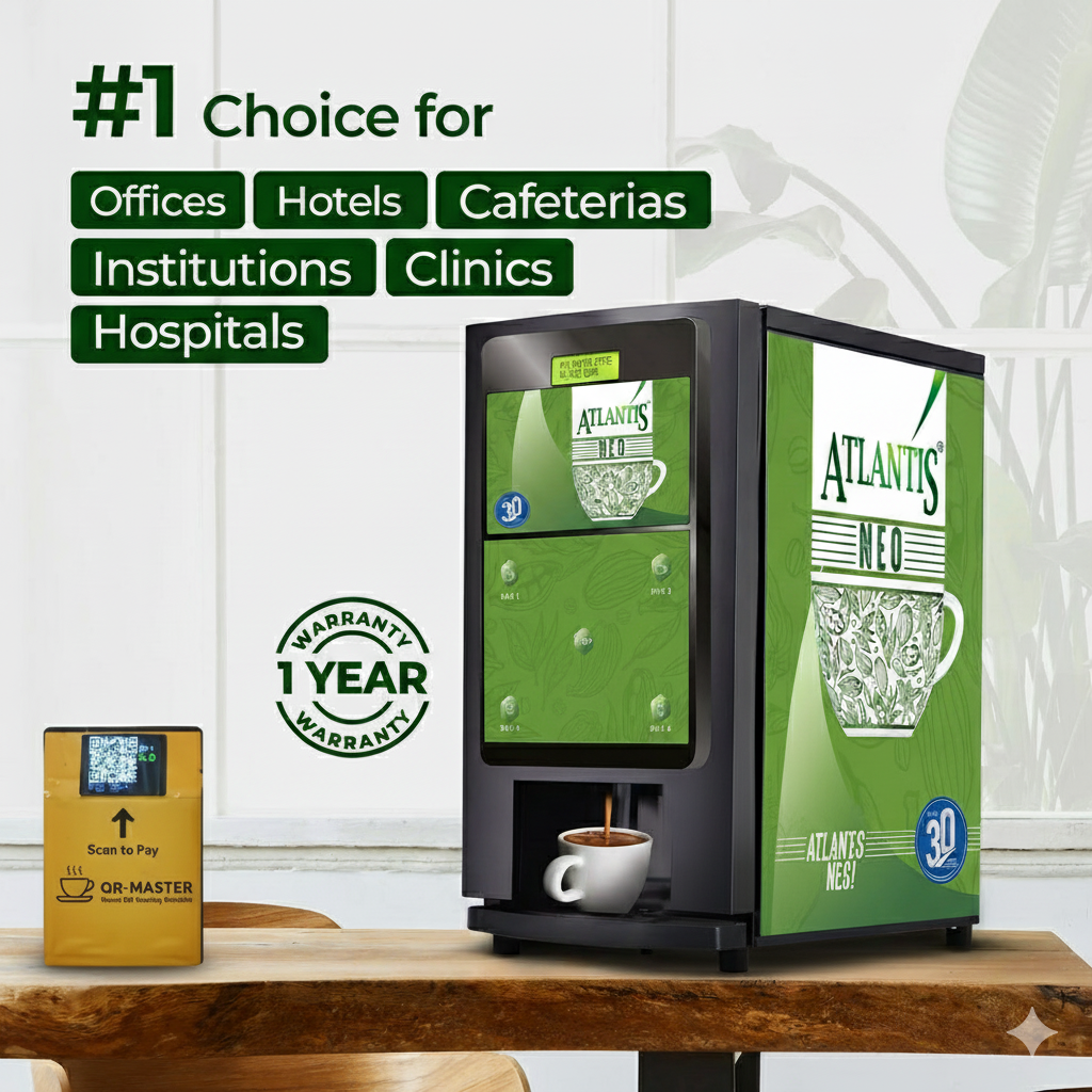 Atlantis 2 lane coffee vending for offices with QR code payment on wooden table