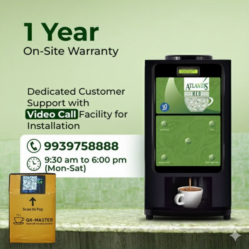 Atlantis 2 lane coffee vending for offices with green interface and cup of coffee on counter