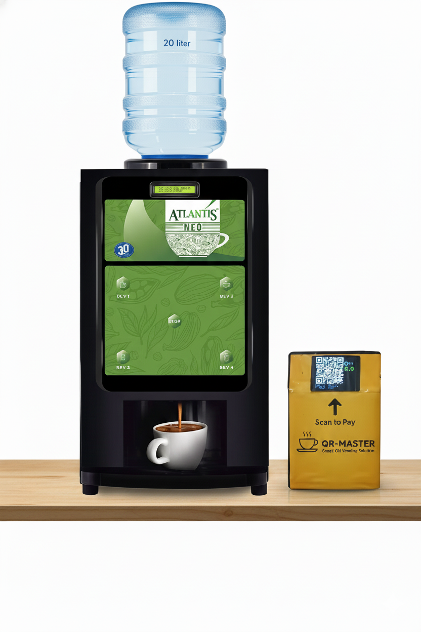 Atlantis 2 lane coffee vending for offices with water tank and QR code payment system on wooden surface
