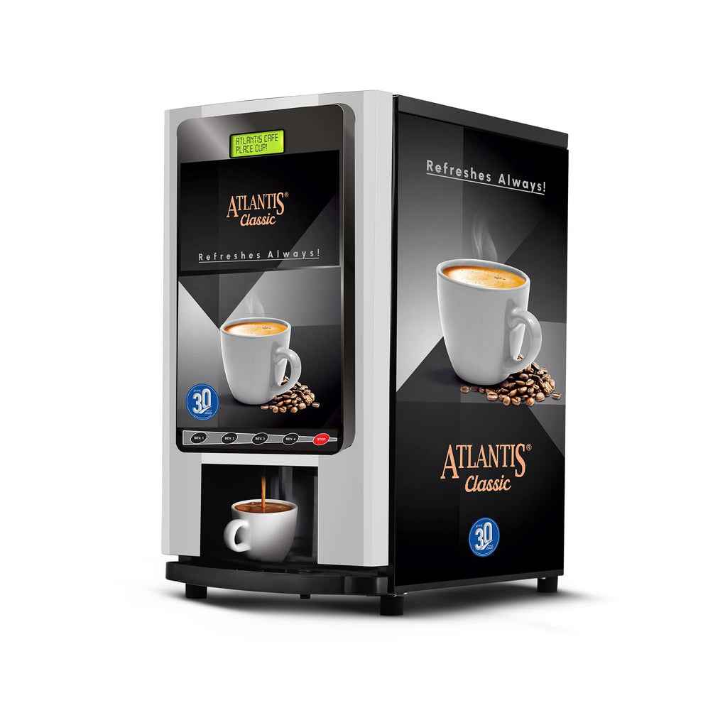 Atlantis Classic 4 lane tea coffee vending machine with cup dispenser and coffee bean graphics