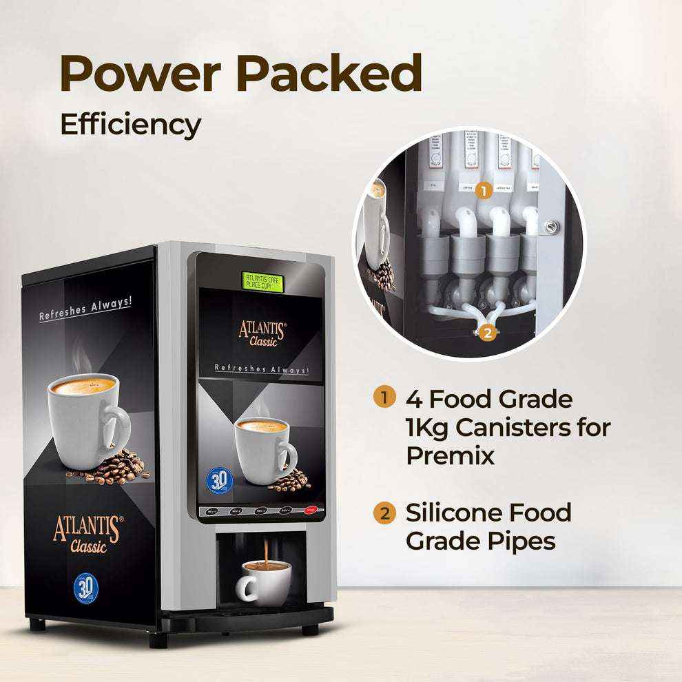 4 lane tea coffee vending machine with food grade canisters and silicone pipes for efficient dispensing