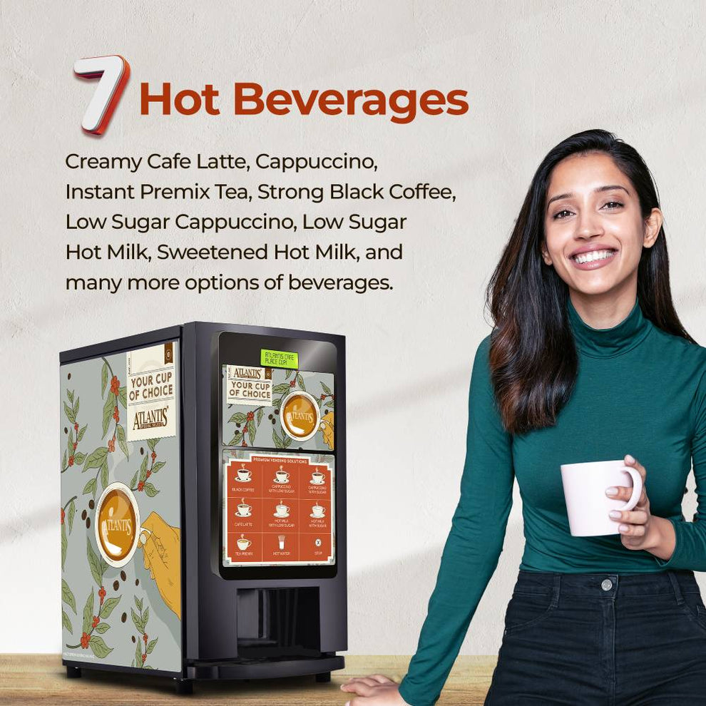 Coffee walla Atlantis 7 option coffee tea machine with touch screen and beverage choices beside smiling woman holding white cup