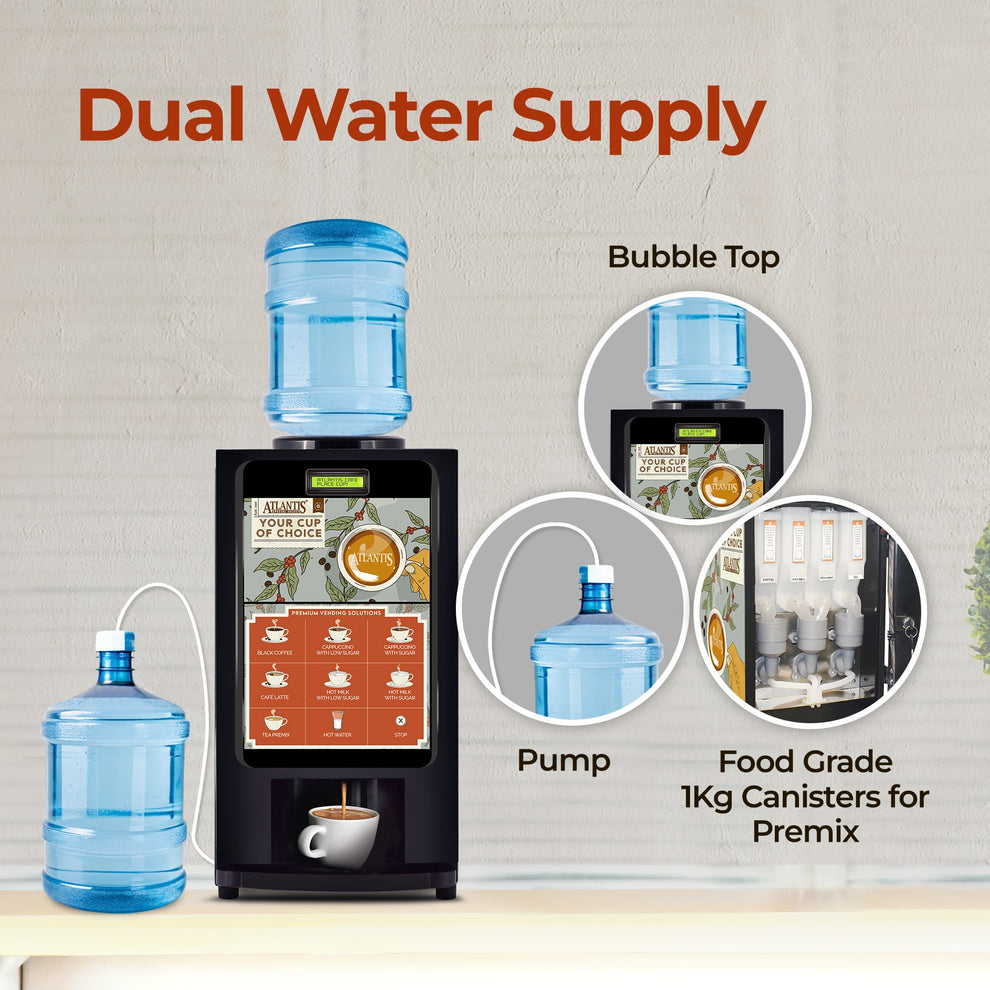 Coffee walla Atlantis 7 option coffee tea machine with dual water supply and food grade premix canisters