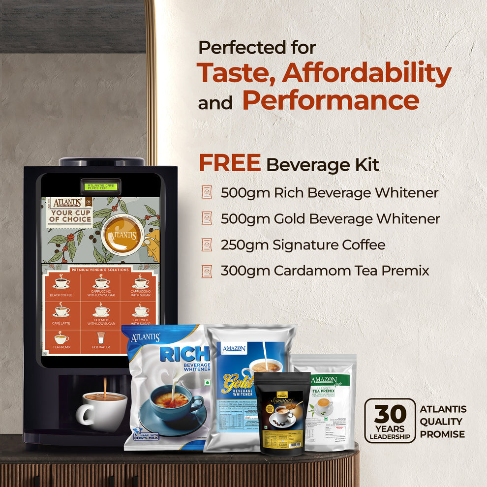 Atlantis 7 option coffee tea machine by Coffee walla with free beverage kit including whiteners coffee and tea premix