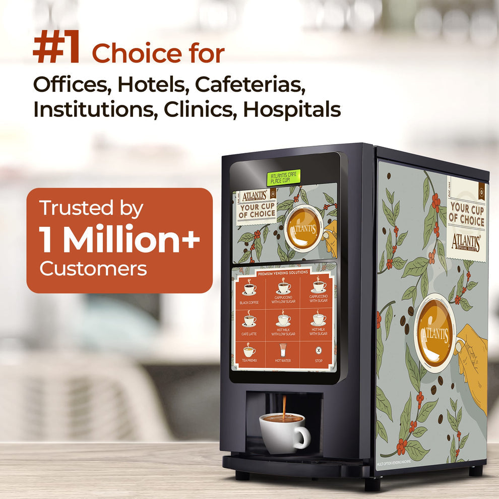 Coffee walla Atlantis 7 option coffee tea machine with cup dispensing hot coffee in office setting
