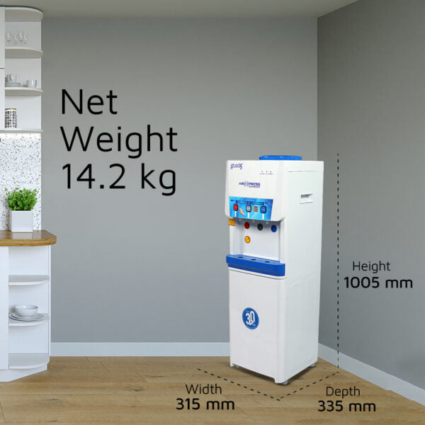 Atlantis Airpress 3 Tap Water Dispenser in white showing dimensions and net weight 14.2 kg